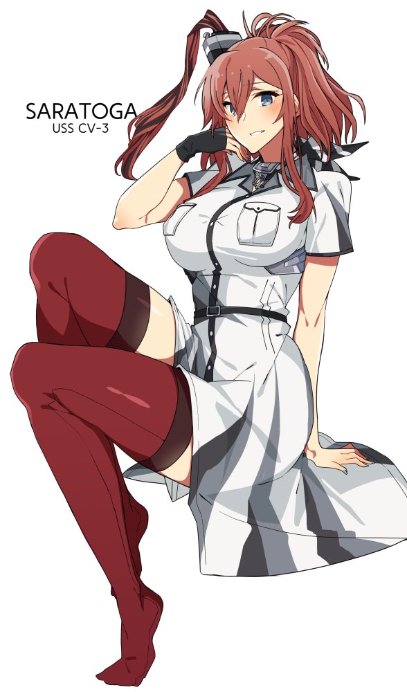 10s 1girl anchor asakawa_(outeq) belt black_gloves blue_eyes blush breast_pocket breasts brown_hair buttons collared_dress commentary dress eyebrows_visible_through_hair fingerless_gloves full_body gloves grey_eyes hair_between_eyes kantai_collection large_breasts long_hair looking_at_viewer machinery neckerchief no_shoes parted_lips pocket ponytail red_legwear remodel_(kantai_collection) saratoga_(kantai_collection) short_sleeves side_ponytail simple_background single_glove sitting smile smokestack solo thigh-highs white_background white_dress