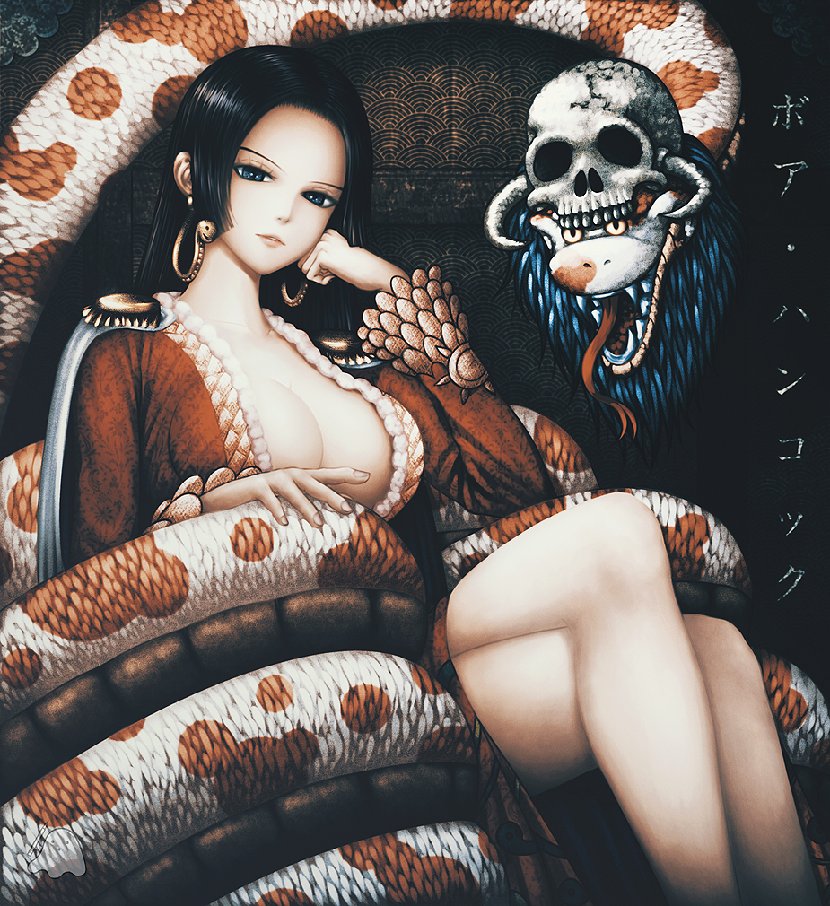 1girl bangs black_hair blue_eyes boa_hancock breasts character_name chin_rest collarbone critter100 epaulettes head_tilt large_breasts legs_crossed long_hair looking_at_viewer one_piece open_mouth parted_bangs parted_lips salome_(one_piece) sitting skull snake snake_earrings tongue tongue_out very_long_hair