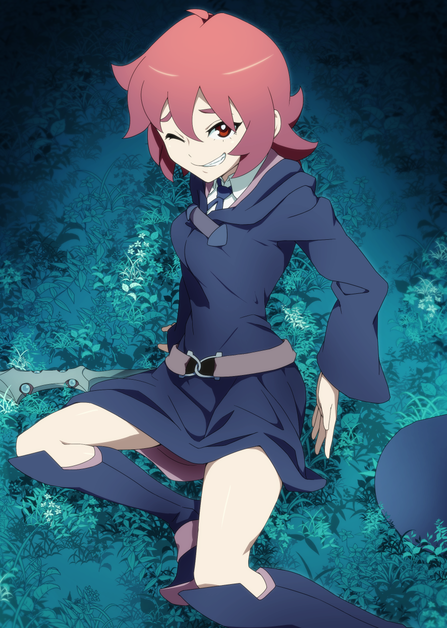 1girl ;d belt black_dress black_footwear blue_ribbon boots dress grin hair_between_eyes highres knee_boots little_witch_academia neck_ribbon night one_eye_closed open_mouth outdoors red_eyes redhead ribbon shiny_chariot shirt short_dress short_hair sitting smile solo uganda white_shirt