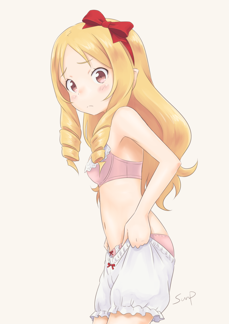 1girl artist_name bangs beige_background bloomers blush bow bow_bloomers bow_panties bra breasts brown_eyes closed_mouth cowboy_shot dressing drill_hair eromanga_sensei from_side frown hair_bow long_hair looking_at_viewer panties panties_under_bloomers pink_bra pink_panties pointy_ears red_bow signature simple_background small_breasts solo standing sunsun69 twin_drills underwear underwear_only white_bloomers yamada_elf