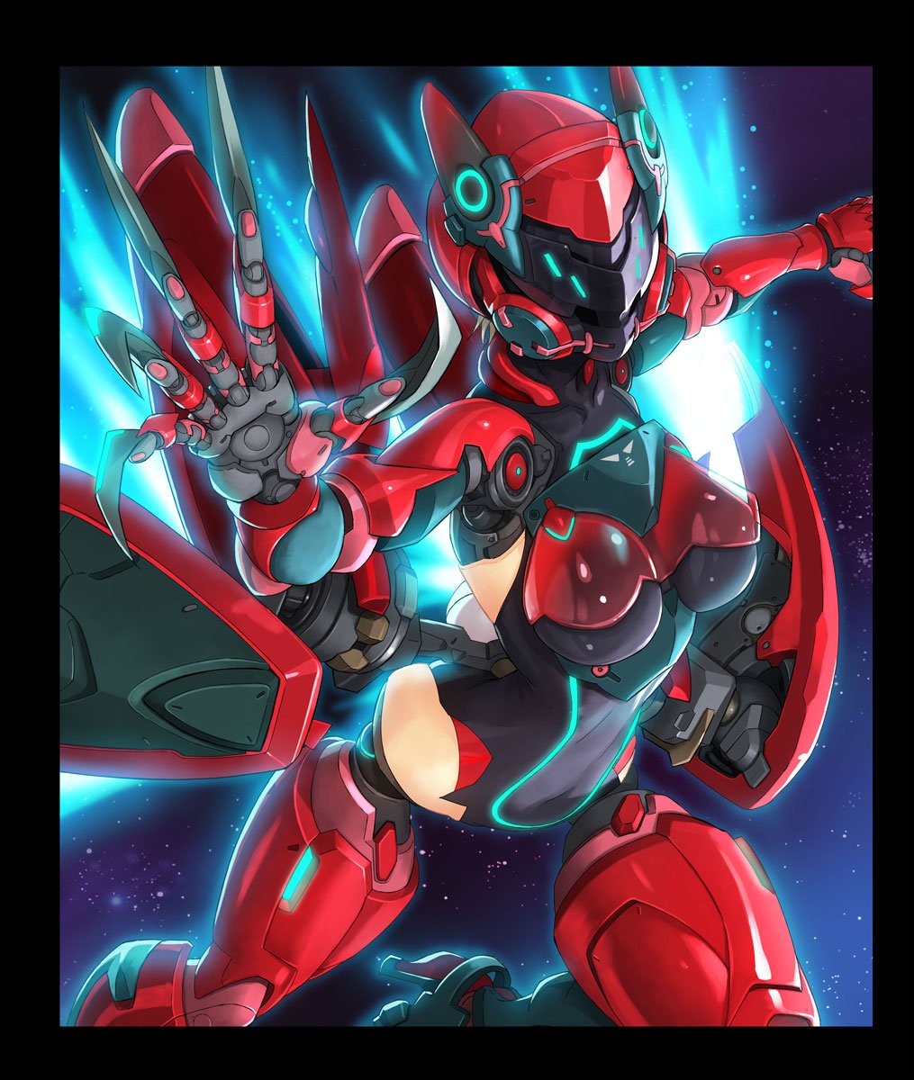 1girl arm_up black_border border breasts commentary_request cyborg facing_viewer helmet high_heels highres large_breasts mechanical_arms mechanical_legs mechanical_wings robot sky solo space star_(sky) starry_sky visor wings yuuji_(and)