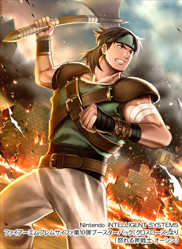 1boy axe bandage belt brown_eyes brown_hair clouds cloudy_sky company_name fire fire_emblem fire_emblem:_thracia_776 fire_emblem_cipher headband long_hair male_focus official_art orsin_(fire_emblem) sky solo teeth tree upper_body weapon