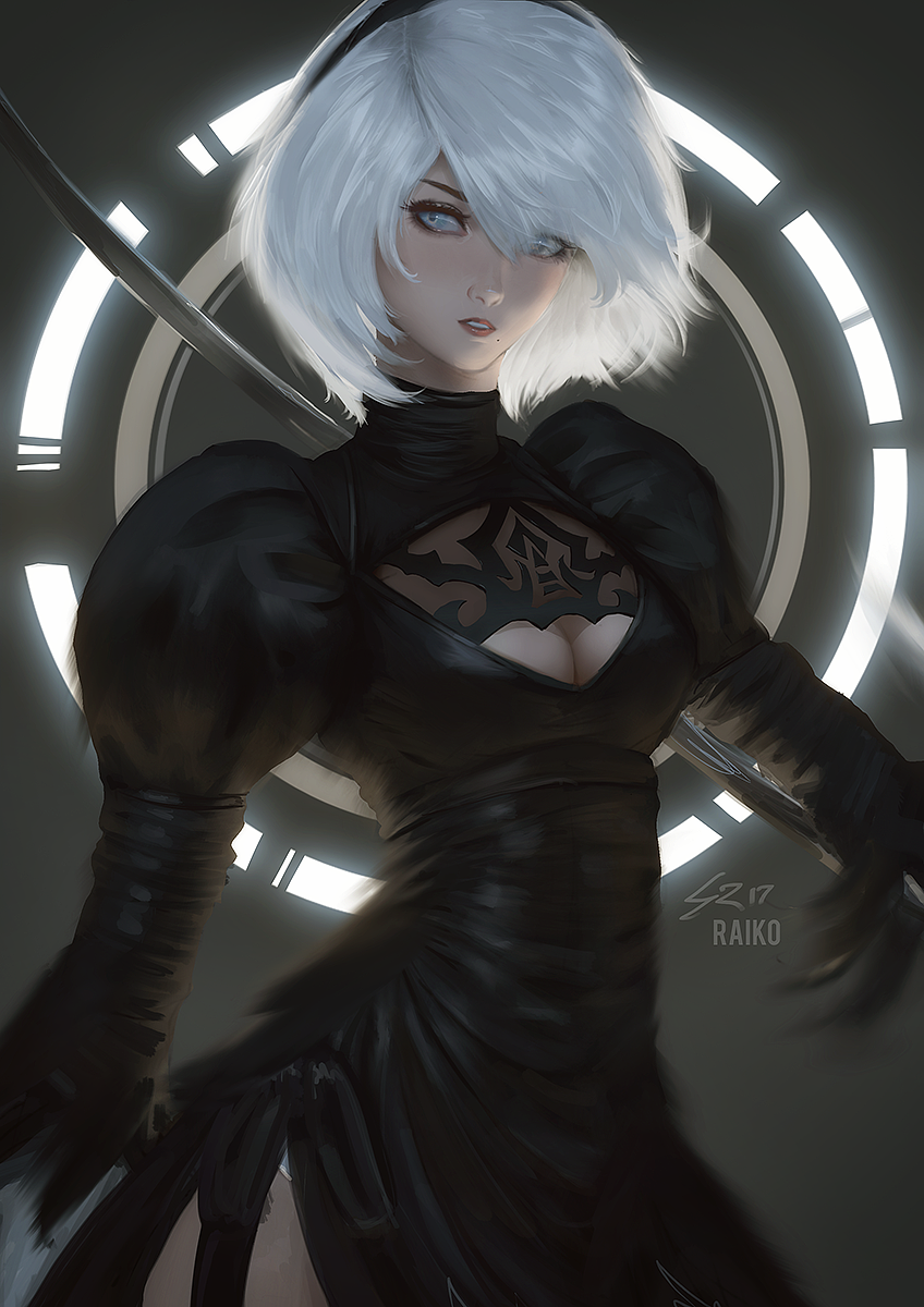 1girl black_dress black_hairband blue_eyes breasts cleavage cleavage_cutout dress facing_viewer feather-trimmed_sleeves hairband highres juliet_sleeves leotard long_sleeves mole mole_under_mouth nier_(series) nier_automata no_blindfold parted_lips puffy_sleeves raikoart short_hair silver_hair solo standing white_leotard yorha_no._2_type_b