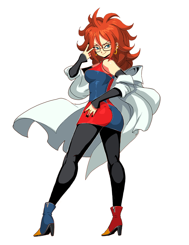 1girl alone android android_21 ankle_boots ass bare_shoulders big_hair black-framed_eyewear black-framed_glasses black_legwear black_nails blue_eyes boots breasts brown_hair checkered checkered_dress commentary curly_hair cyborg dragon_ball dragon_ball_fighterz dress earrings female full_body genzoman glasses hand_on_hips high_heel_boots hips hoop_earrings jewelry lab_coat labcoat legs long_hair looking_at_viewer looking_back multicolored_boots multicolored_clothes multicolored_dress nail_polish off_shoulder pantyhose ring sideboob simple_background smile solo standing thigh-highs thighs v_over_eye white_background