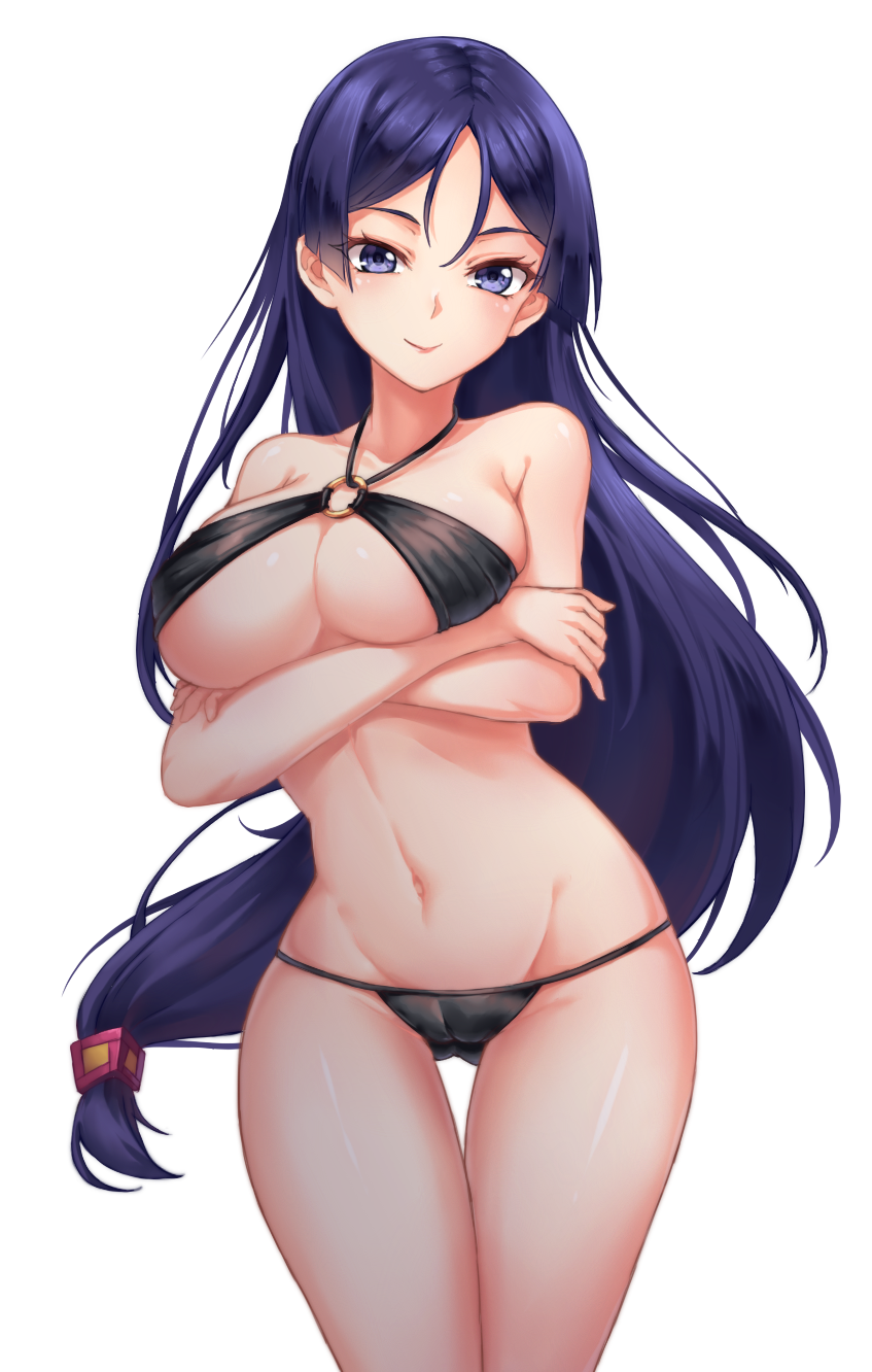 1girl bikini black_bikini blue_eyes blue_hair breasts closed_mouth crossed_arms fate/grand_order fate_(series) highres large_breasts leikangmin long_hair looking_at_viewer minamoto_no_raikou_(fate/grand_order) navel o-ring_bikini o-ring_top simple_background smile solo standing swimsuit white_background