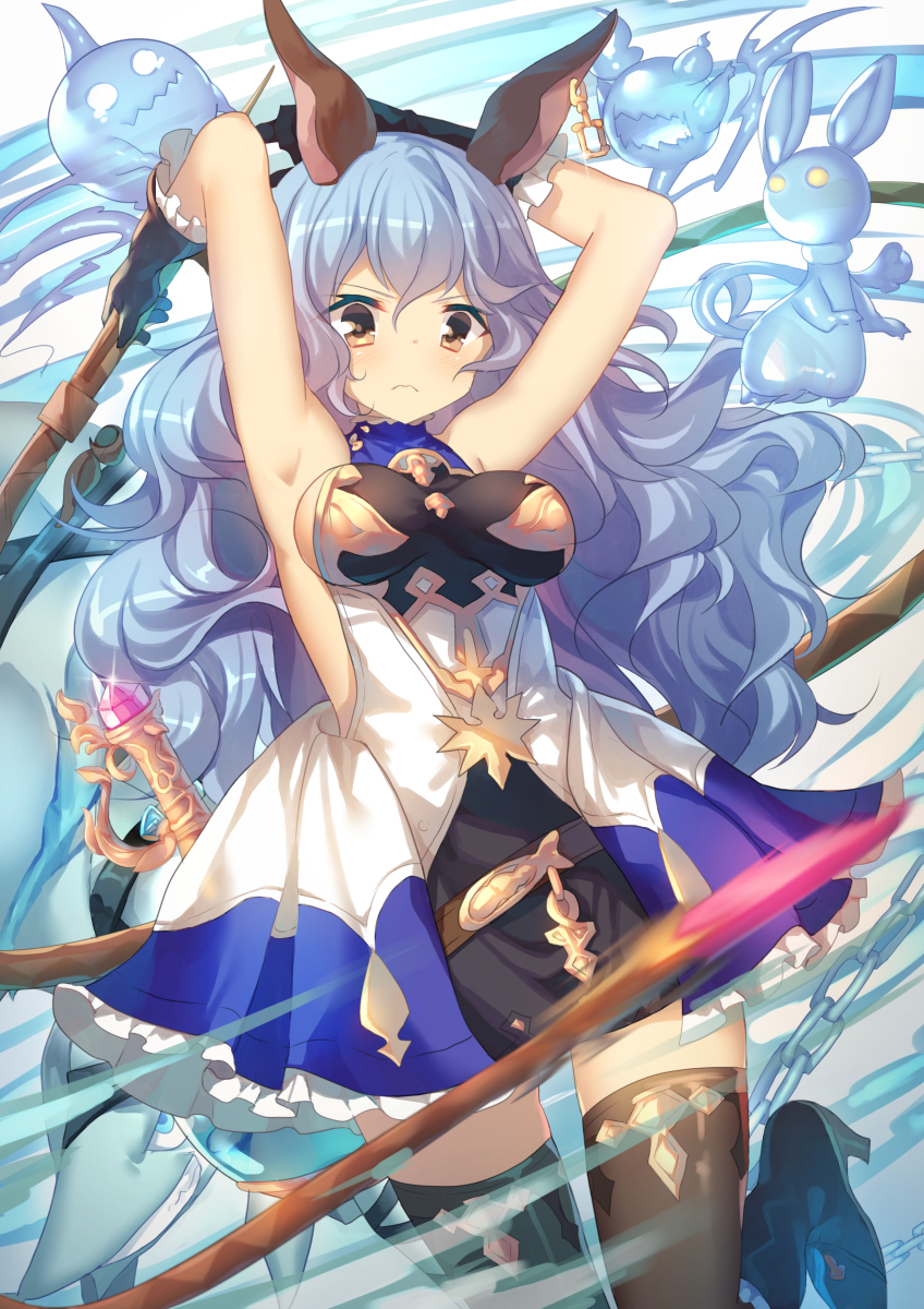 1girl animal_ears armpits arms_up bare_shoulders blue_hair blush breasts brown_eyes chains craytm erun_(granblue_fantasy) ferry_(granblue_fantasy) granblue_fantasy highres long_hair looking_at_viewer medium_breasts sideboob solo thigh-highs weapon