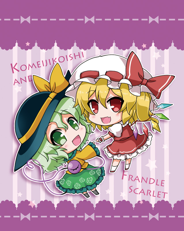 2girls :d bangs black_hat black_legwear blonde_hair blush bow character_name chibi commentary_request crystal dress eyebrows_visible_through_hair fang flandre_scarlet floral_print frilled_dress frilled_shirt_collar frilled_skirt frilled_sleeves frills full_body green_eyes green_skirt greyscale hair_between_eyes hair_bow hat heart heart_of_string kneehighs komeiji_koishi long_skirt long_sleeves looking_at_viewer mob_cap monochrome multiple_girls noai_nioshi one_side_up open_mouth orange_bow outline outstretched_arm puffy_short_sleeves puffy_sleeves red_bow red_dress red_eyes ribbon-trimmed_headwear ribbon_trim short_hair short_sleeves skirt smile string striped tareme third_eye touhou trait_connection vertical-striped_background vertical_stripes white_hat white_legwear white_outline wings wrist_cuffs