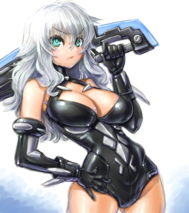 1girl amania_orz angry aqua_eyes bare_shoulders black_heart breasts choujigen_game_neptune cleavage cowboy_shot elbow_gloves gloves large_breasts leotard long_hair looking_at_viewer neptune_(series) noire silver_hair solo sword symbol-shaped_pupils weapon