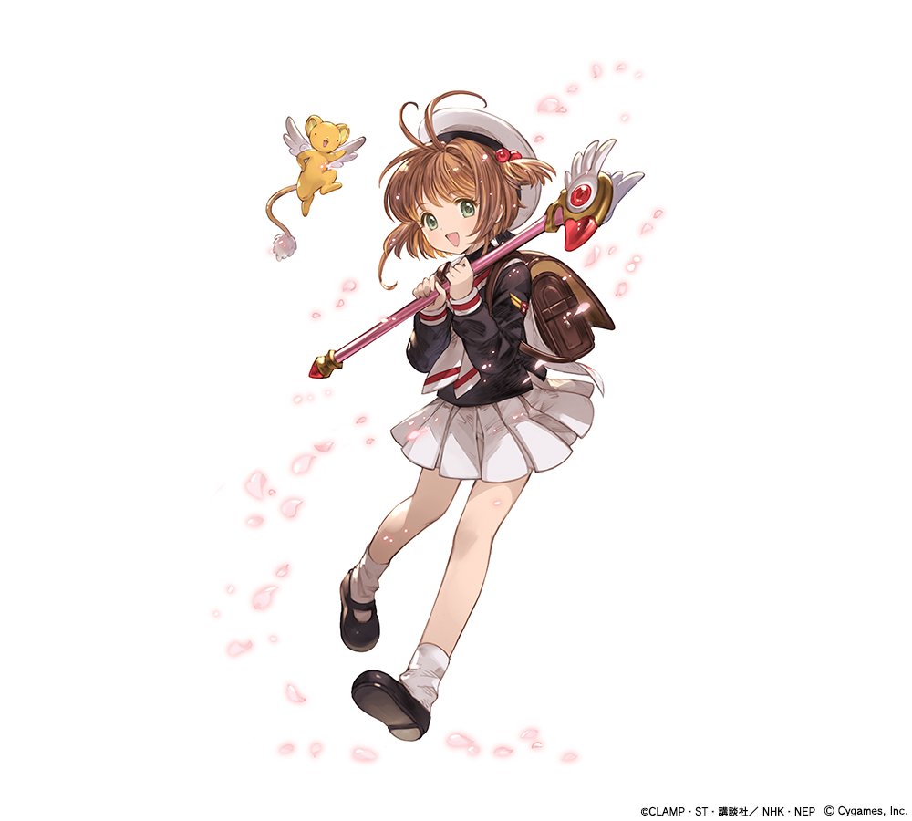 1girl antenna_hair brown_hair card_captor_sakura full_body fuuin_no_tsue granblue_fantasy green_eyes hat hoshi_no_tsue kero kinomoto_sakura looking_at_viewer magical_girl official_art open_mouth shoes short_hair tomoeda_elementary_school_uniform wand white_hat wings