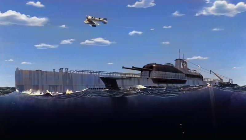 blue_sky clouds no_humans ocean ogata_tank original seaplane sky submarine surcouf_(submarine) watercraft