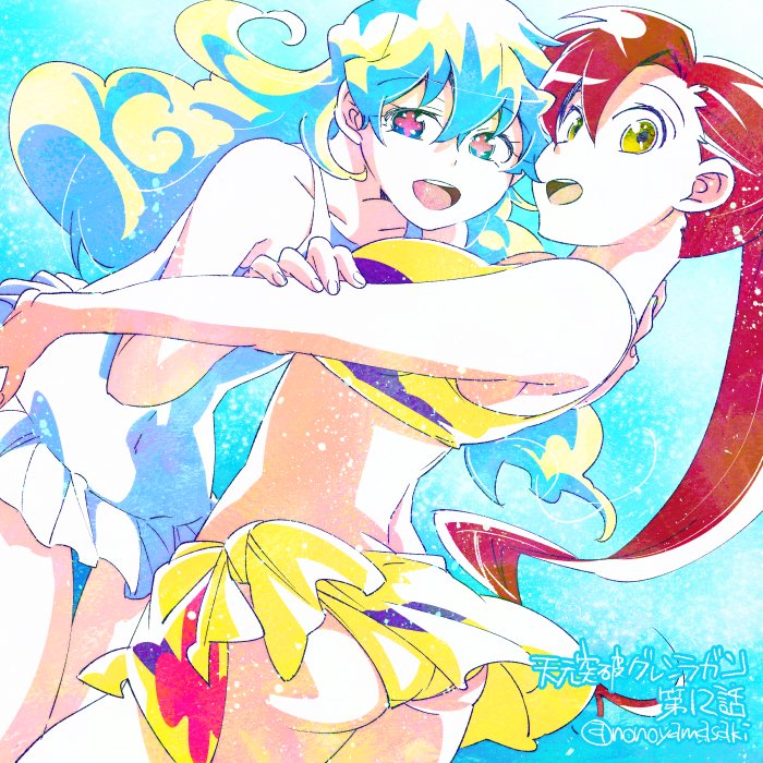 +_+ 2girls bikini frilled_swimsuit frills long_hair looking_at_viewer multicolored_hair multiple_girls nia_teppelin nonosaki one-piece_swimsuit ponytail redhead smile swimming swimsuit tengen_toppa_gurren_lagann two-tone_hair underwater yellow_eyes yoko_littner