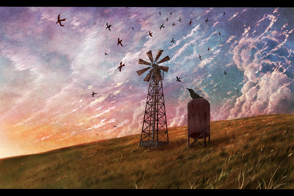 bird blue_sky clouds cloudy_sky cola_(gotouryouta) commentary_request crow day field flock gradient_sky graphite_(medium) grass letterboxed no_humans original outdoors scenery sky sunset traditional_media wind