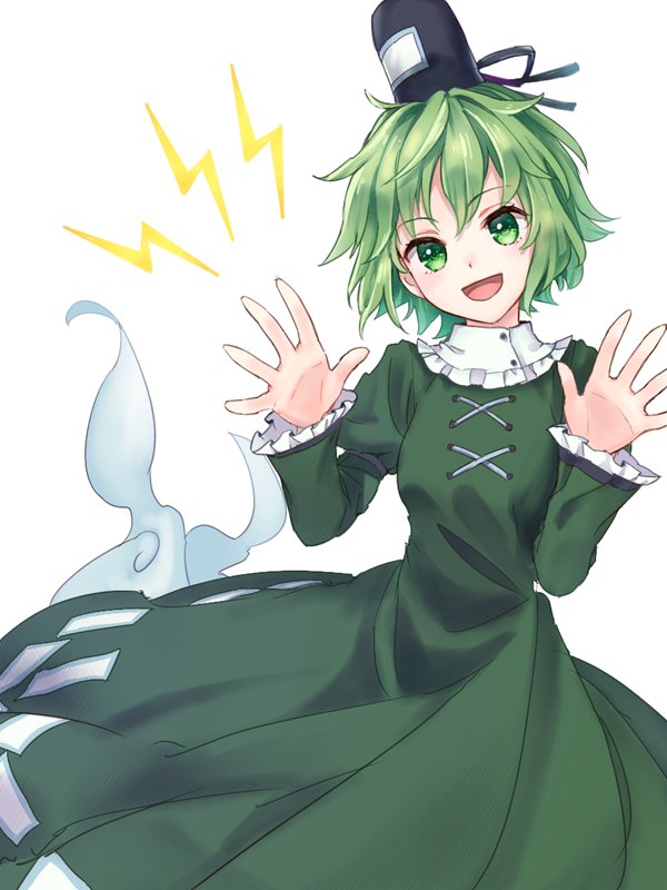 1girl :d akidzuki_haruhi bangs blush dress ghost_tail green_dress green_eyes green_hair hat japanese_clothes long_sleeves looking_at_viewer open_mouth short_hair smile soga_no_tojiko solo tate_eboshi touhou