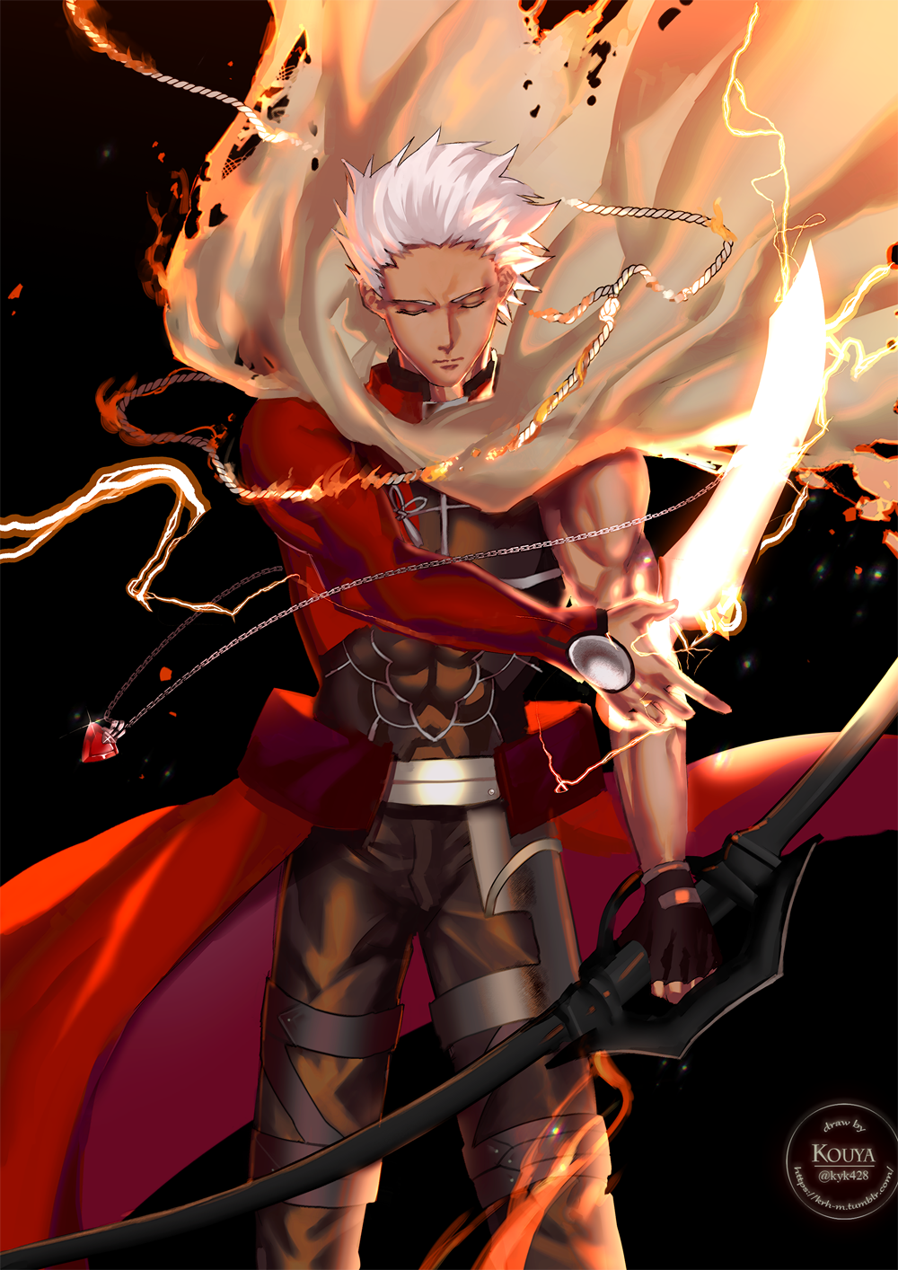 1boy archer artist_name artist_self-reference black_background bow_(weapon) chains closed_eyes commentary_request cosplay dark_skin dark_skinned_male emiya_shirou fate/grand_order fate_(series) fire garters gem highres holding holding_bow_(weapon) holding_weapon jewelry kouya_(kyk428) lightning rope simple_background solo sword tagme twitter_username weapon white_hair