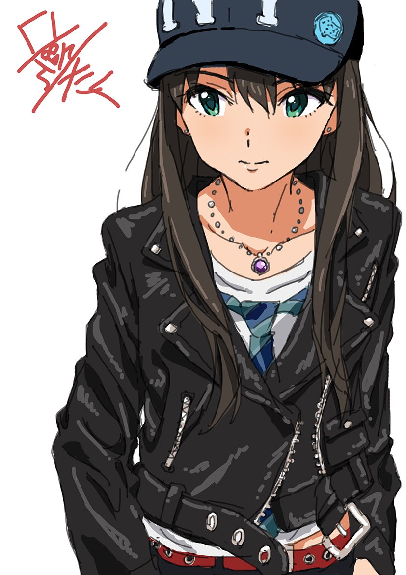 1girl badge baseball_cap belt belt_buckle buckle button_badge earrings eyelet_belt green_eyes hat idolmaster idolmaster_cinderella_girls jacket jewelry leather leather_jacket long_hair necklace necktie shibuya_rin signature simple_background sketch taku1122 white_background zipper