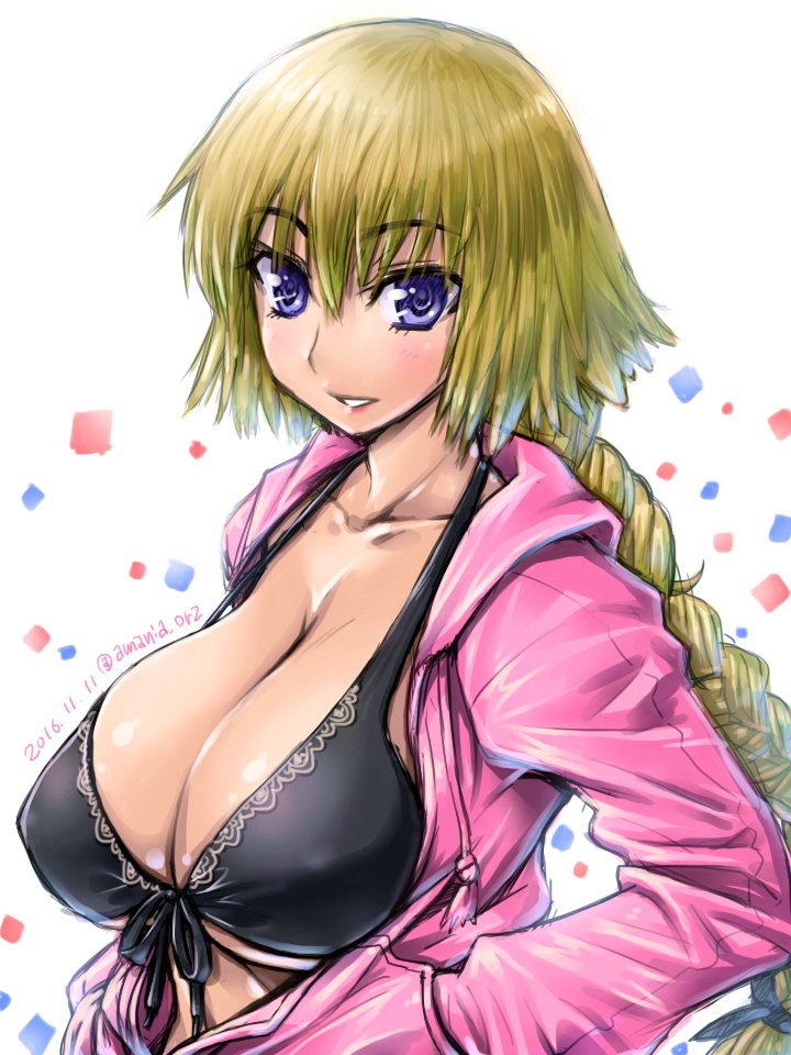 1girl :d amania_orz bikini black_bikini blonde_hair blue_eyes blush braid breasts cleavage collarbone fate/apocrypha fate_(series) jacket jacket_over_swimsuit large_breasts looking_at_viewer open_clothes open_jacket open_mouth pink_jacket ruler_(fate/apocrypha) single_braid smile solo swimsuit