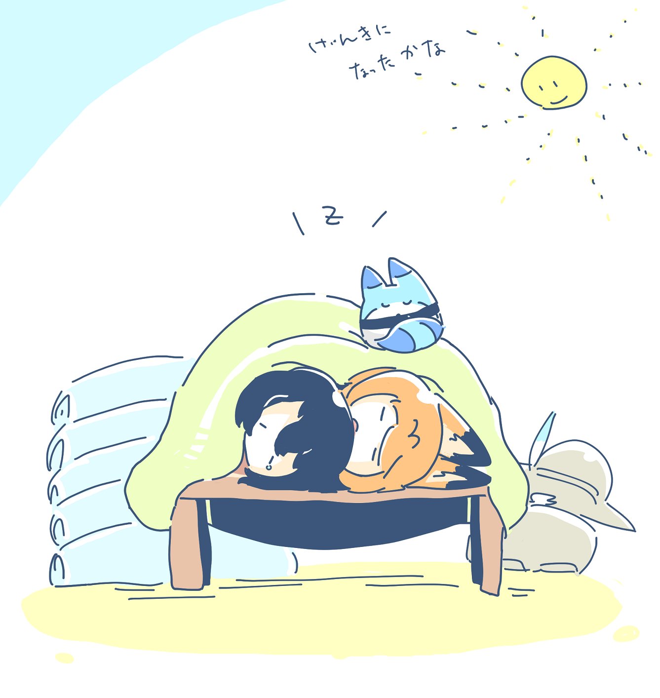 2girls blanket hat hat_removed headwear_removed highres kaban_(kemono_friends) kemono_friends lucky_beast_(kemono_friends) moenugomi multiple_girls serval_(kemono_friends) sleeping sun table translation_request