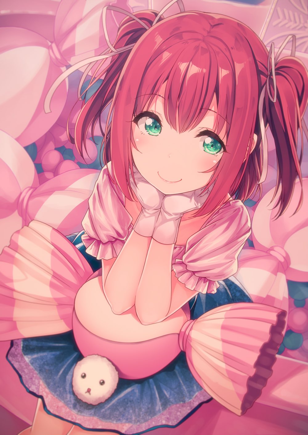 1girl aqua_eyes bangs blush bow candy chin_rest commentary_request food frilled_sleeves frills gloves hair_bow highres kurosawa_ruby love_live! love_live!_sunshine!! oversized_object pink_bow redhead short_sleeves sitting siva_(executor) smile solo two_side_up