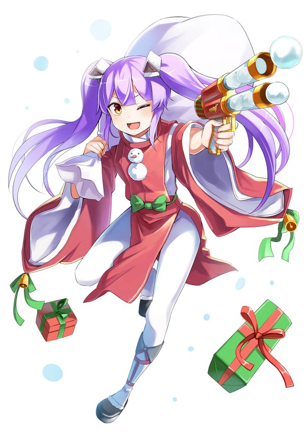 1girl ;d bell emerane full_body gift holding_bag jingle_bell long_hair looking_at_viewer one_eye_closed open_mouth oshiro_project oshiro_project_re pantyhose purple_hair simple_background smile snowball snowman solo taga_(oshiro_project) toy_gun twintails very_long_hair white_background yellow_eyes