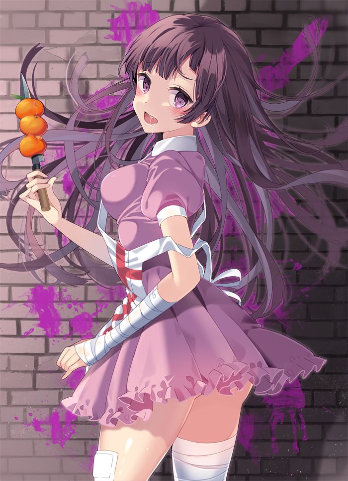 1girl apron bandage bandaged_arm bandaged_leg bangs blush breasts brick_wall brown_hair cowboy_shot dangan_ronpa dress drooling eyebrows_visible_through_hair food fruit holding holding_knife holding_weapon knife long_hair looking_at_viewer looking_back mandarin_orange medium_breasts open_mouth paint_splatter pinb puffy_short_sleeves puffy_sleeves purple_dress saliva short_sleeves solo strap_slip super_dangan_ronpa_2 tsumiki_mikan violet_eyes weapon