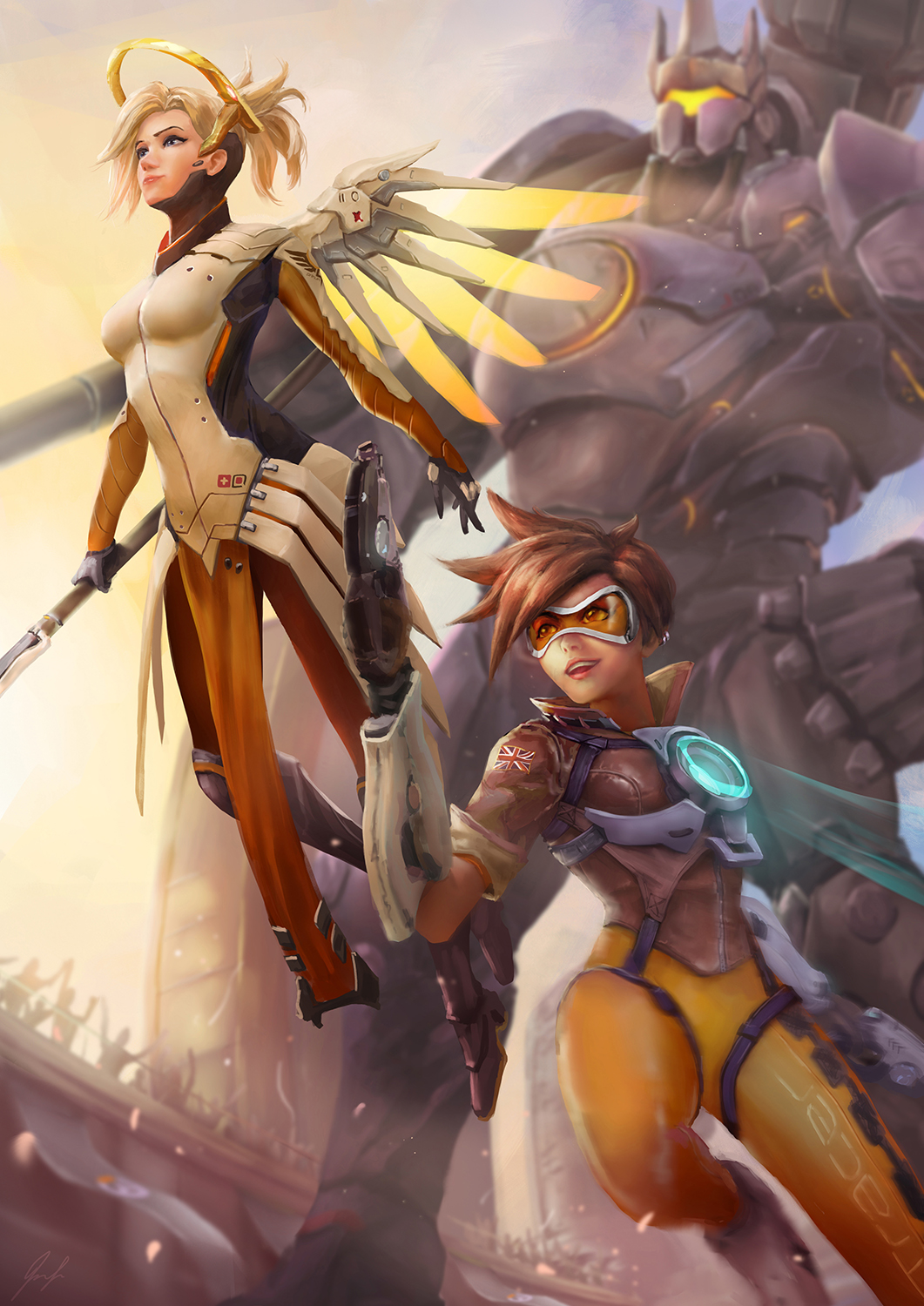 1boy 2girls armor bad_leg bangs blonde_hair blue_eyes blue_sky bodysuit bomber_jacket boots breasts brown_eyes brown_hair brown_legwear cheering cowboy_shot crowd dual_wielding faulds foreshortening full_armor giant gloves glowing glowing_wings goggles gun hair_tie hand_on_hip handgun harness high_ponytail highres holding holding_staff isaac_liew jacket knee_boots leg_up light lips looking_afar looking_at_viewer mechanical_halo mechanical_wings medium_breasts mercy_(overwatch) multiple_girls nose one_leg_raised open_mouth orange_bodysuit outdoors overwatch pantyhose pelvic_curtain petals pistol pose railing reinhardt_(overwatch) revision short_hair sky smile spiky_hair spread_wings staff tracer_(overwatch) weapon wings yellow_sky yellow_wings