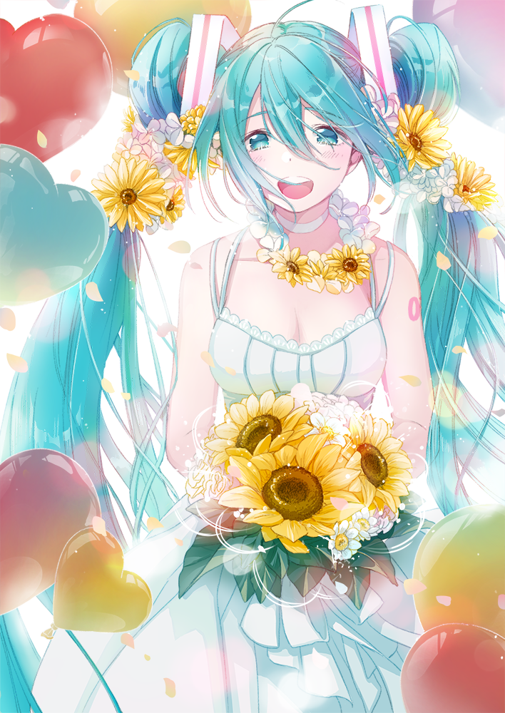 1girl :d ahoge alternate_breast_size alternate_costume aqua_eyes aqua_hair balloon bangs bare_arms birthday blurry blush bokeh bouquet breasts cako_asida choker cleavage daisy depth_of_field dot_nose dress eyebrows_visible_through_hair falling_petals flower flower_necklace hair_between_eyes hair_flower hair_ornament hatsune_miku heart_balloon holding holding_bouquet jewelry large_breasts long_dress long_hair necklace open_mouth petals round_teeth smile solo spaghetti_strap sparkle sunflower tareme tattoo teeth twintails upper_body very_long_hair vocaloid white_background white_choker white_dress