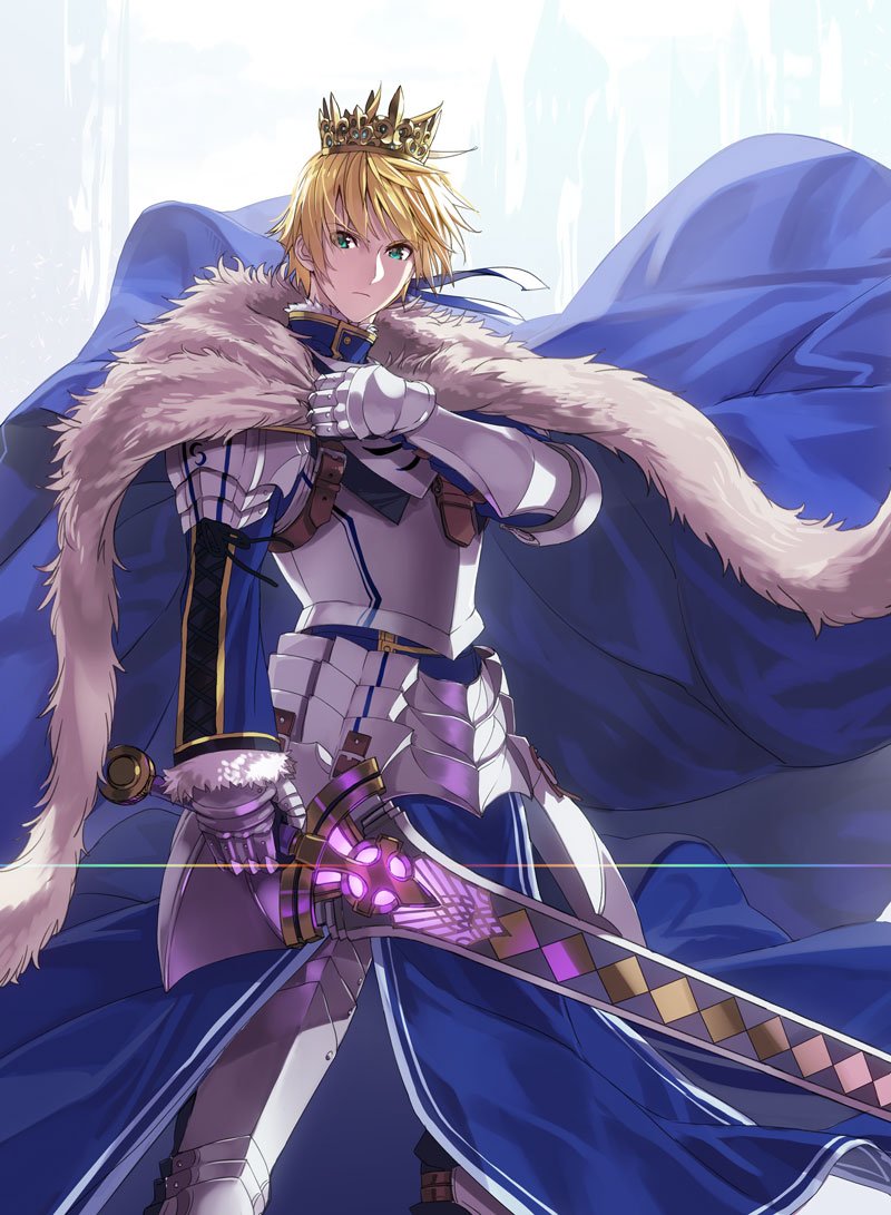 1boy armor blonde_hair breastplate cape crown excalibur_(fate/prototype) fate/grand_order fate/prototype fate_(series) faulds gauntlets greaves green_eyes male_focus pauldrons saber_(fate/prototype) solo sword weapon yahako