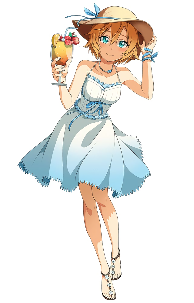 1girl adjusting_clothes adjusting_hat aqua_eyes arm_ribbon bare_shoulders blonde_hair blush breasts cup dress drinking_glass feet full_body hat holding holding_drinking_glass jewelry looking_at_viewer medium_breasts necklace official_art philia_(sao) ribbon sandals shoe_flower short_hair simple_background smile solo spaghetti_strap standing sun_hat sundress sword_art_online toes white_background