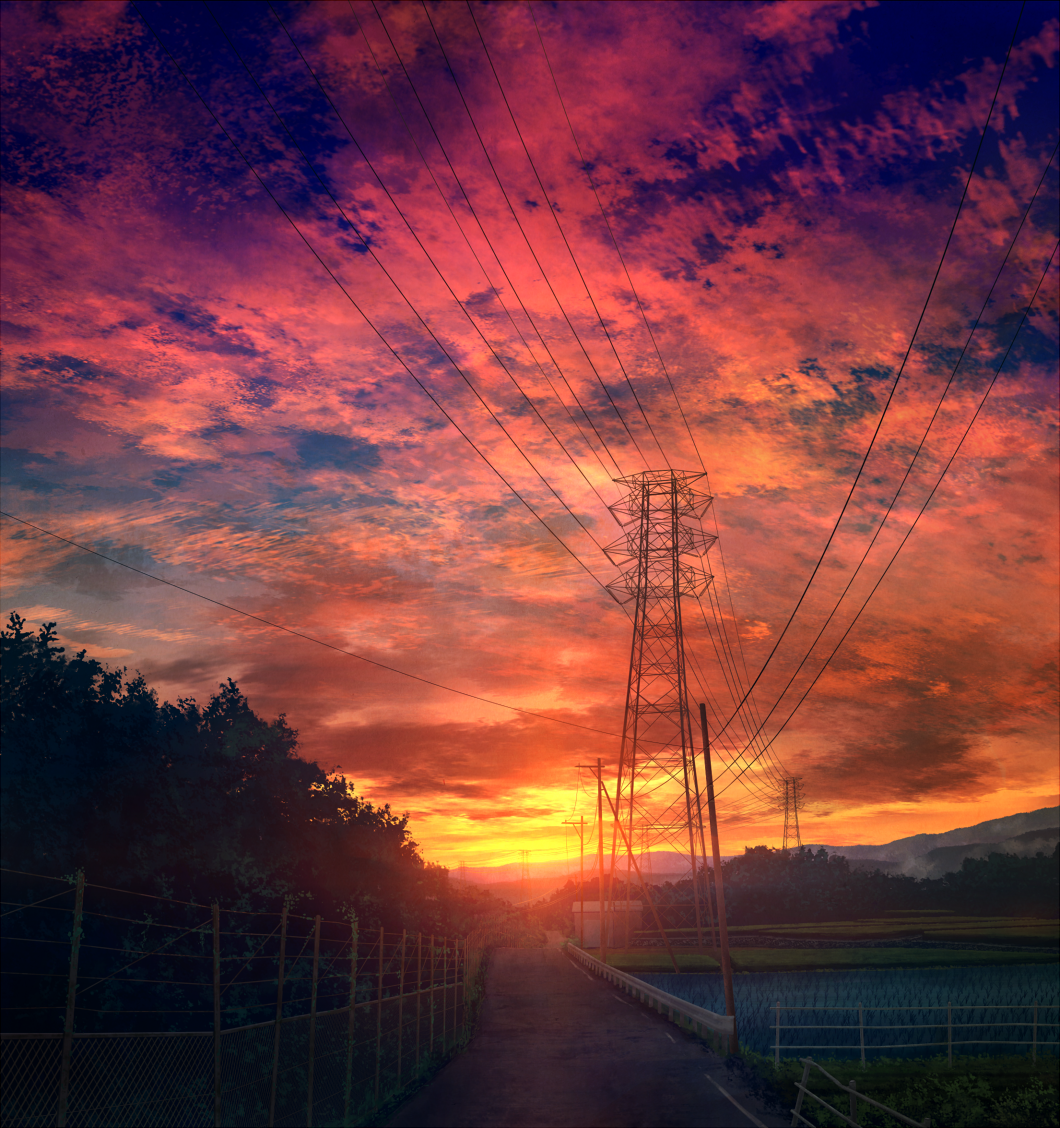 blue_sky clouds cloudy_sky fence forest gradient_sky mks nature no_humans original outdoors power_lines railing red_sky rice_paddy road scenery sky sunlight sunset transmission_tower twilight