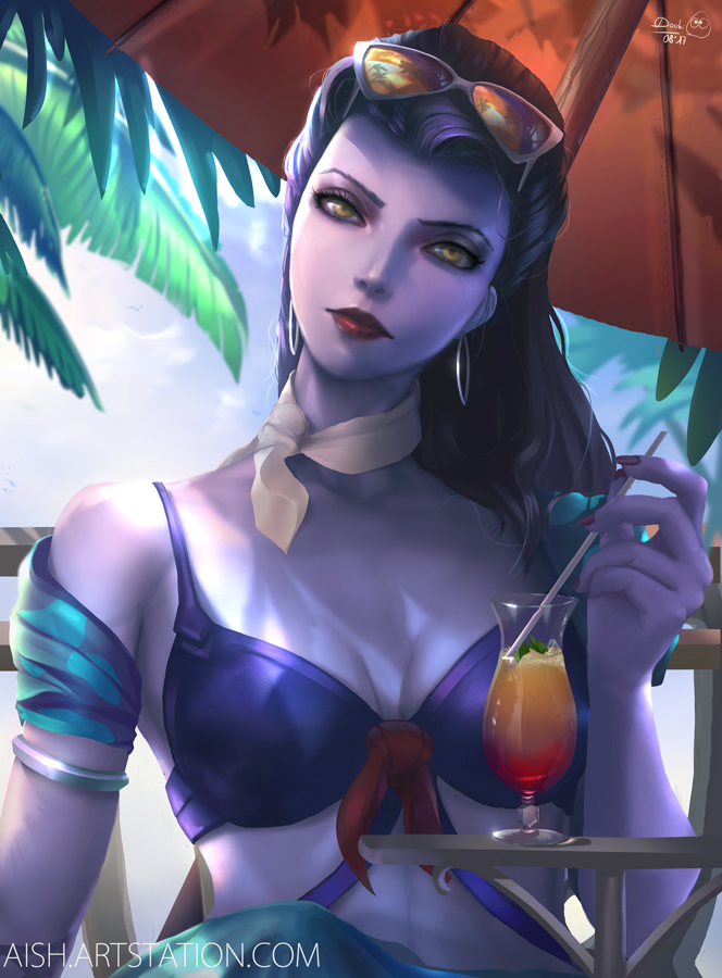 1girl alternate_costume beach beach_umbrella breasts cleavage cocktail_glass commentary cote_d'azur_widowmaker cup day drinking_glass drinking_straw earrings eyelashes eyeliner front-tie_bikini front-tie_top hair_slicked_back head_tilt holding hoop_earrings jessica_aumaitre jewelry lips long_hair looking_at_viewer makeup making_of md5_mismatch nail_polish nose outdoors overwatch palm_tree purple_hair purple_nails purple_skin red_lips shade short_sleeves small_breasts solo sunglasses sunglasses_on_head swimsuit tree tree_branch umbrella upper_body watermark web_address white_choker widowmaker_(overwatch) yellow_eyes