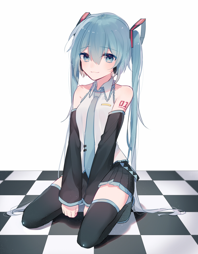 1girl :3 aqua_eyes aqua_hair aqua_neckwear arms_between_legs bangs bare_shoulders black_skirt boots breasts checkered checkered_floor closed_mouth collared_shirt detached_sleeves eyebrows_visible_through_hair frilled_shirt frilled_shirt_collar frills hair_between_eyes hatsune_miku headphones kneeling long_hair looking_at_viewer miniskirt necktie pleated_skirt shiny shiny_hair shirt skirt sleeveless sleeveless_shirt small_breasts solo sparkle sudale tattoo thigh-highs thigh_boots twintails v_arms very_long_hair vocaloid white_background white_shirt zettai_ryouiki