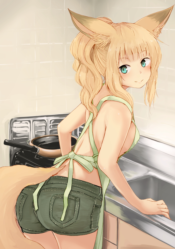 1girl animal_ears apron aqua_eyes ass bangs bare_arms bare_shoulders batta_(kanzume_quality) blonde_hair blunt_bangs blush breasts closed_mouth commentary_request cowboy_shot denim denim_shorts eyebrows_visible_through_hair fox_ears fox_girl green_shorts kitchen leaning_on_object long_hair looking_at_viewer looking_back nib_pen_(medium) no_bra no_shirt ponytail shorts sideboob sink small_breasts smile solo standing traditional_media