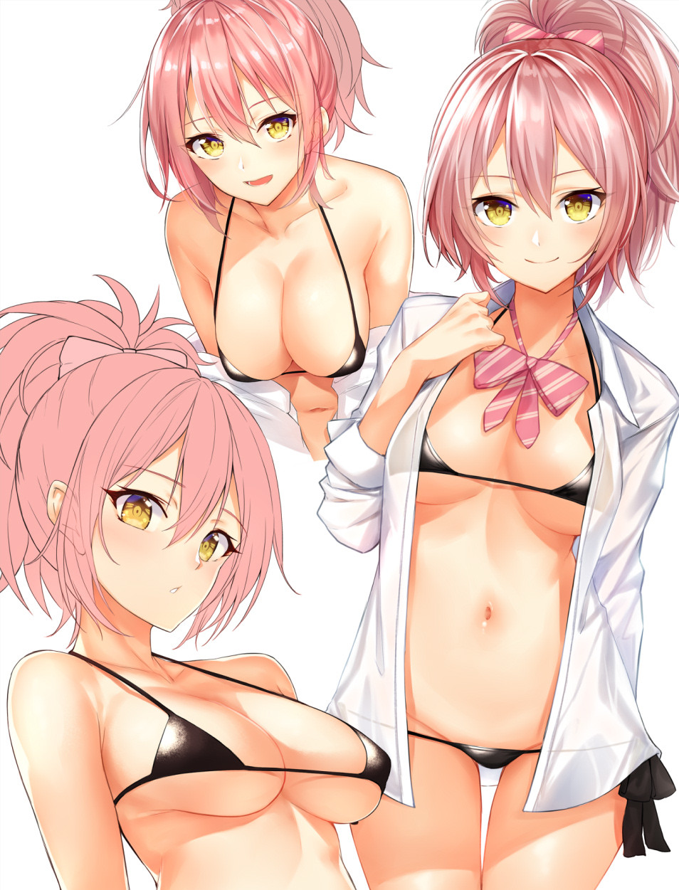 1girl anza_tomo bangs bare_shoulders bikini bikini_under_clothes black_bikini blush bow bowtie breasts cleavage collarbone dress_shirt hair_between_eyes hair_bow highres hips idolmaster idolmaster_cinderella_girls jougasaki_mika looking_at_viewer looking_to_the_side medium_breasts micro_bikini multiple_views navel off_shoulder open_mouth parted_lips pink_bow pink_hair ponytail shirt side-tie_bikini simple_background sleeves_rolled_up smile striped striped_bow striped_bowtie swimsuit thighs unbuttoned unbuttoned_shirt waist white_background yellow_eyes