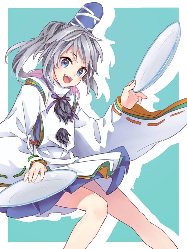 1girl :d akidzuki_haruhi blue_eyes blue_skirt blush cowboy_shot drop_shadow fang grey_hair hat japanese_clothes kariginu long_sleeves looking_at_viewer mononobe_no_futo open_mouth pom_pom_(clothes) ponytail ribbon-trimmed_sleeves ribbon_trim skirt smile solo tate_eboshi touhou tray wide_sleeves