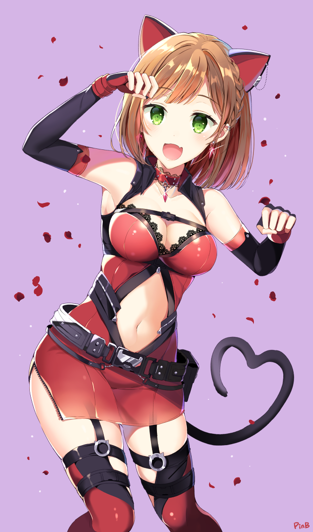1girl :d animal_ears artist_name bangs belt blonde_hair braid breasts cat_ears cat_tail cleavage collar cowboy_shot dress earrings elbow_gloves fang fingerless_gloves french_braid garter_straps gem gloves green_eyes heart heart_tail idolmaster idolmaster_cinderella_girls jewelry lace lace-trimmed_dress lace_trim looking_at_viewer maekawa_miku medium_breasts medium_hair navel navel_cutout open_mouth paw_pose pinb purple_background short_dress simple_background sleeveless sleeveless_dress smile solo standing tail thigh-highs