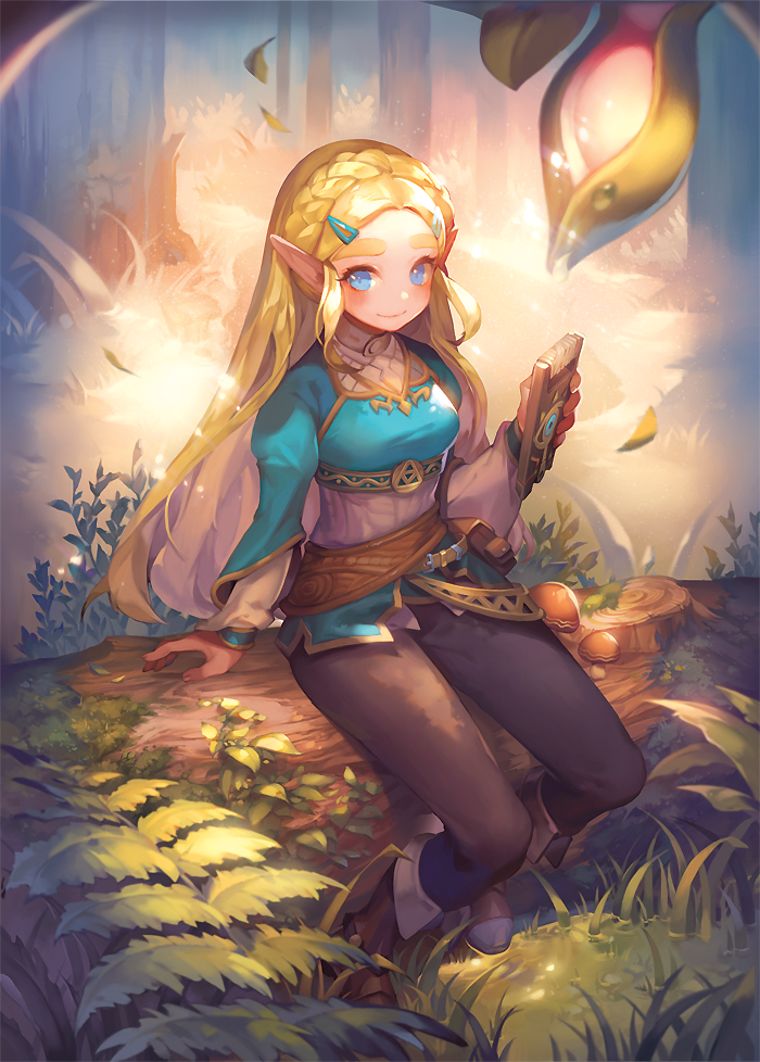 1girl blonde_hair blush breasts hair_ornament jewelry long_hair looking_at_viewer male_focus pointy_ears princess_zelda smile solo the_legend_of_zelda the_legend_of_zelda:_breath_of_the_wild