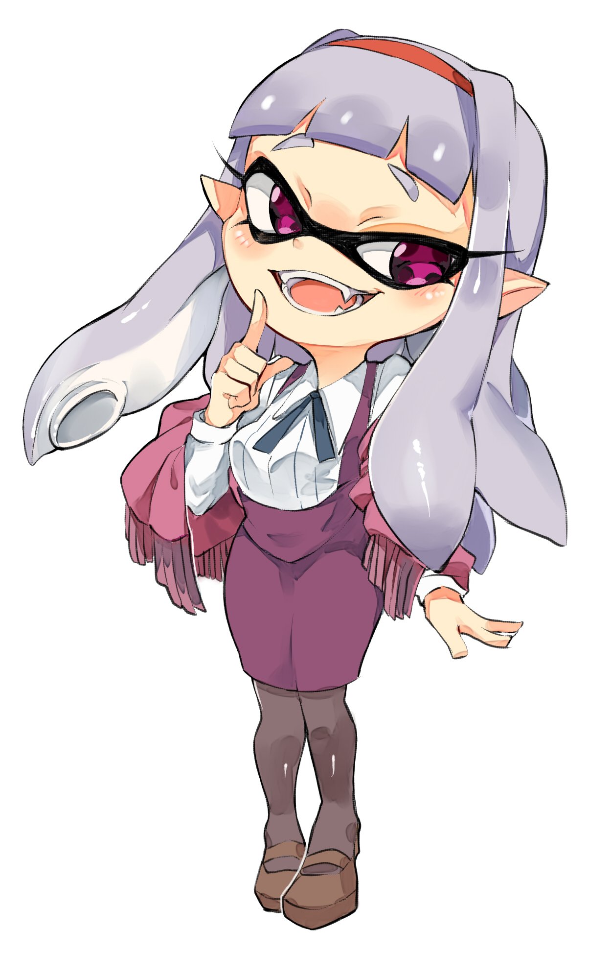 1girl blush breasts highres idolmaster inkling long_hair open_mouth parody shijou_takane splatoon squid_girl style_parody tentacle tentacle_hair thick_eyebrows thigh-highs tuxedo_de_cat white_background white_hair