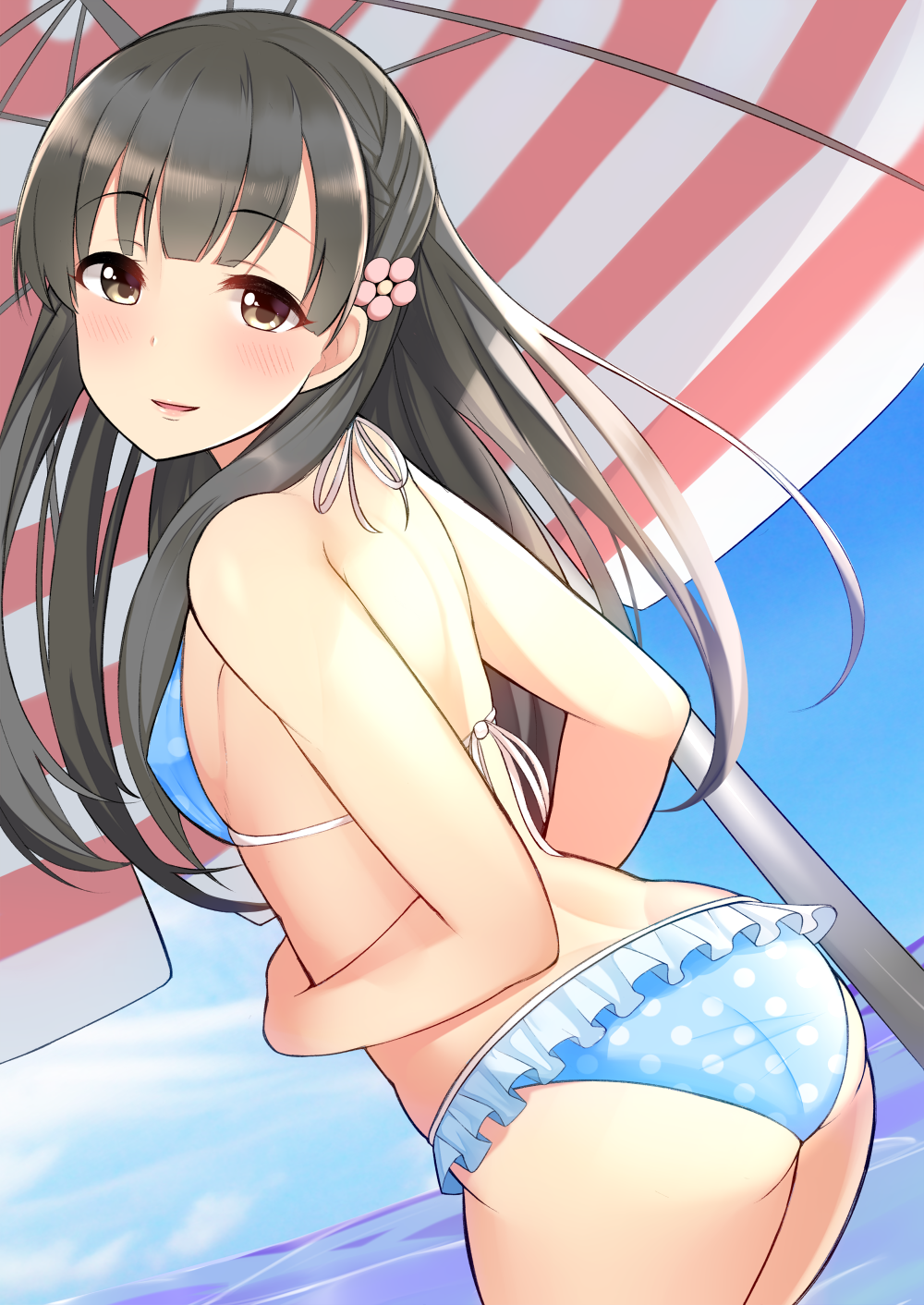 1girl ass bikini black_eyes black_hair blush breasts dutch_angle flower h3po4_chiba hair_flower hair_ornament highres idolmaster idolmaster_cinderella_girls kobayakawa_sae long_hair looking_at_viewer open_mouth polka_dot polka_dot_bikini small_breasts smile solo swimsuit