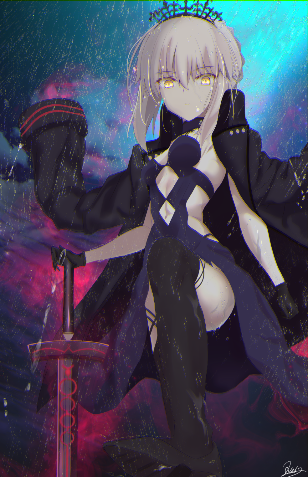 1girl artoria_pendragon_(all) black_legwear blonde_hair breasts cleavage dark_excalibur expressionless fate/grand_order fate_(series) gloves highres jacket_on_shoulders kesoshirou medium_breasts navel_cutout planted_weapon rain saber_alter solo thigh-highs thighs weapon yellow_eyes