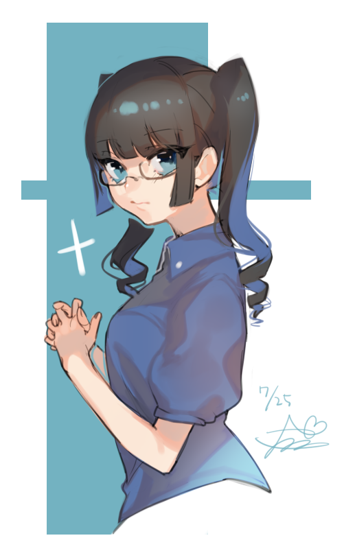 1girl bangs black_hair blue_background blue_eyes blue_shirt blunt_bangs closed_mouth dated drill_locks eyebrows_visible_through_hair from_side glasses interlocked_fingers long_hair looking_at_viewer looking_to_the_side shirt short_sleeves signature solo twintails upper_body wntame