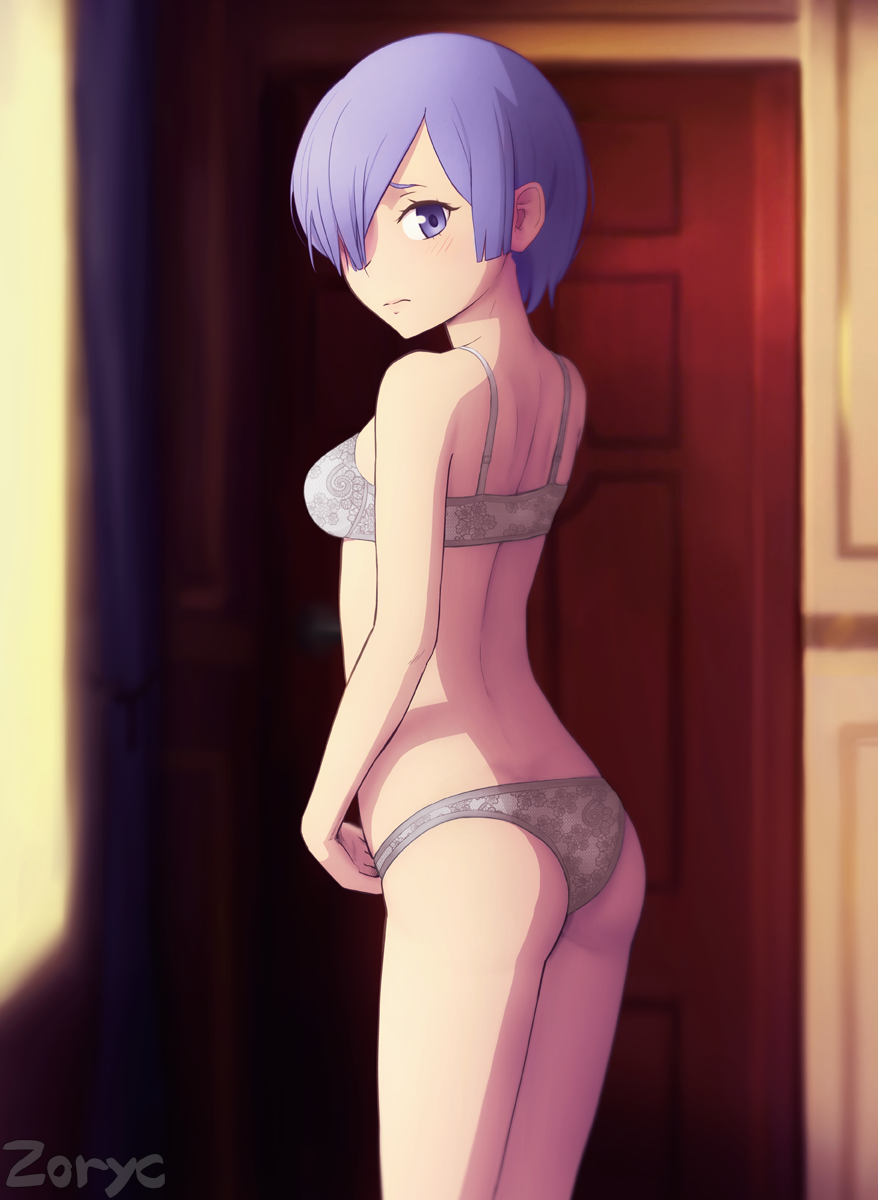 1girl artist_name ass blurry blurry_background bra breasts closed_mouth commentary cowboy_shot depth_of_field from_behind frown hair_over_one_eye highres indoors looking_at_viewer looking_back panties purple_hair re:zero_kara_hajimeru_isekai_seikatsu rem_(re:zero) short_hair small_breasts solo standing underwear underwear_only violet_eyes white_bra white_panties zoryc