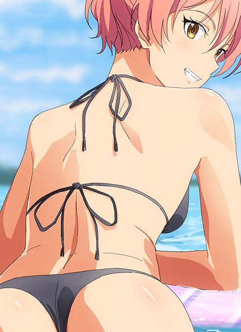 1girl ass bare_shoulders beach bikini black_bikini blush breasts eyelashes gyaru idolmaster idolmaster_cinderella_girls jougasaki_mika kogal looking_at_viewer lying ocean on_stomach pink_hair smile solo string_bikini swimsuit taku1122 tied_hair yellow_eyes