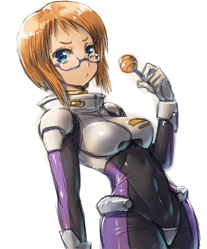 1girl amania_orz arm_at_side blue_eyes bodysuit breasts candy character_request closed_mouth commentary_request covered_navel cowboy_shot food glasses gundam gundam_zz lollipop looking_at_viewer medium_breasts orange_hair pilot_suit short_hair simple_background sketch skin_tight solo standing white_background
