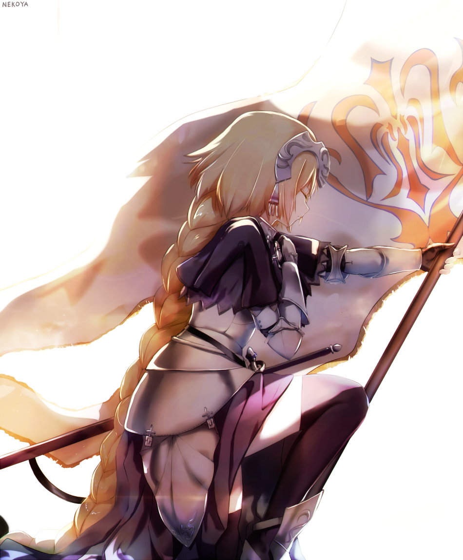 1girl armor armored_dress black_gloves black_legwear blonde_hair bloom braid capelet closed_eyes closed_mouth dyolf fate/apocrypha fate_(series) faulds flag from_side fur_trim gauntlets gloves headpiece kneeling long_hair profile ruler_(fate/apocrypha) single_braid solo thigh-highs very_long_hair