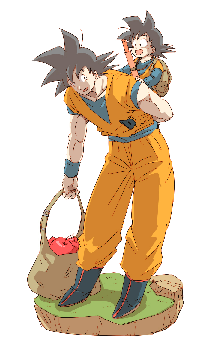 2boys apple backpack bag black_eyes black_hair boots carrying dougi dragon_ball dragonball_z father_and_son food fruit grass happy looking_at_another looking_away looking_back male_focus miiko_(drops7) multiple_boys nyoibo open_mouth piggyback shaded_face short_hair simple_background smile son_gokuu son_goten spiky_hair white_background wristband