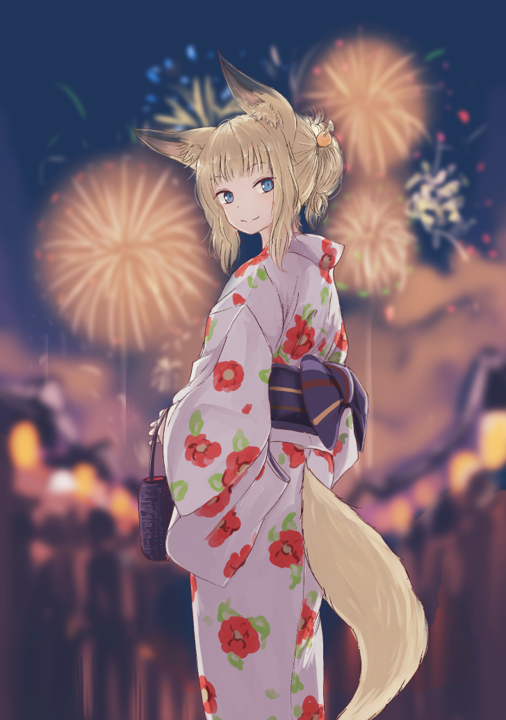 animal_ears bag bangs batta_(kanzume_quality) blonde_hair blue_eyes blue_sash blunt_bangs blurry blurry_background closed_mouth depth_of_field fireworks floral_print fox_ears fox_girl fox_tail from_behind hair_ornament handbag holding japanese_clothes kimono lavender_kimono long_sleeves looking_at_viewer looking_back nib_pen_(medium) obi original sash smile standing tail tied_hair traditional_media wide_sleeves