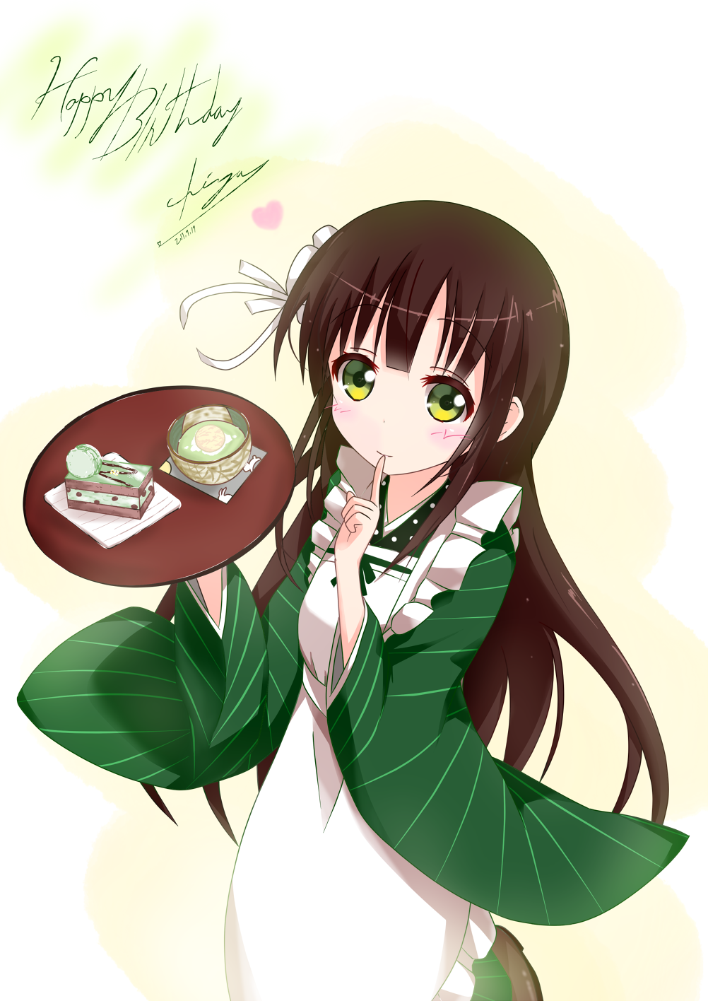 1girl ama_usa_an_uniform apron bangs blunt_bangs bowl breasts brown_footwear brown_hair cake character_name commentary cowboy_shot dated english eyebrows_visible_through_hair finger_to_mouth flower food frilled_apron frills gochuumon_wa_usagi_desu_ka? green_eyes green_kimono hair_flower hair_ornament happy_birthday heart highres holding holding_tray japanese_clothes kimono long_hair long_sleeves looking_at_viewer mafu_makura maid_apron polka_dot_trim ribbon shoes sidelocks small_breasts solo standing standing_on_one_leg striped striped_kimono tea tray two-tone_background ujimatsu_chiya white_apron white_flower white_ribbon wide_sleeves