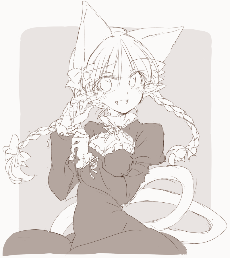 1girl animal_ears bow braid breasts cat_ears cat_tail claws cleavage_cutout dress fang greyscale hair_between_eyes hair_bow hand_up juliet_sleeves kaenbyou_rin long_hair long_sleeves looking_at_viewer monochrome open_mouth pointy_ears puffy_sleeves satou_kibi smile solo tail touhou twin_braids