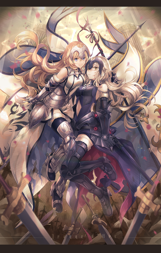 2girls armor armored_boots armored_dress black_dress black_gloves black_legwear blonde_hair blue_eyes boots border braid capelet chains dress fate/grand_order fate_(series) faulds flag fur_trim gauntlets gloves headpiece jeanne_alter long_hair looking_at_viewer multiple_girls plackart ruler_(fate/apocrypha) standard_bearer sword text thigh-highs weapon white_dress yellow_eyes yunohito