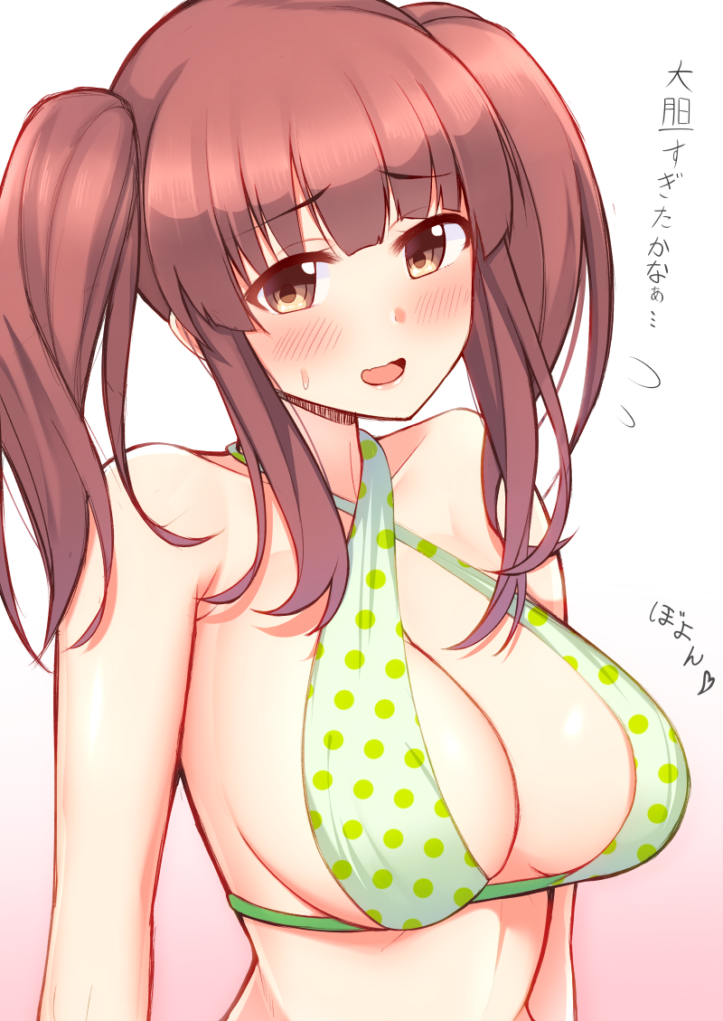 1girl bikini blush breasts brown_eyes brown_hair cleavage eyebrows_visible_through_hair h3po4_chiba idolmaster idolmaster_cinderella_girls large_breasts long_hair looking_at_viewer ogata_chieri open_mouth polka_dot polka_dot_bikini smile solo swimsuit translation_request twintails upper_body